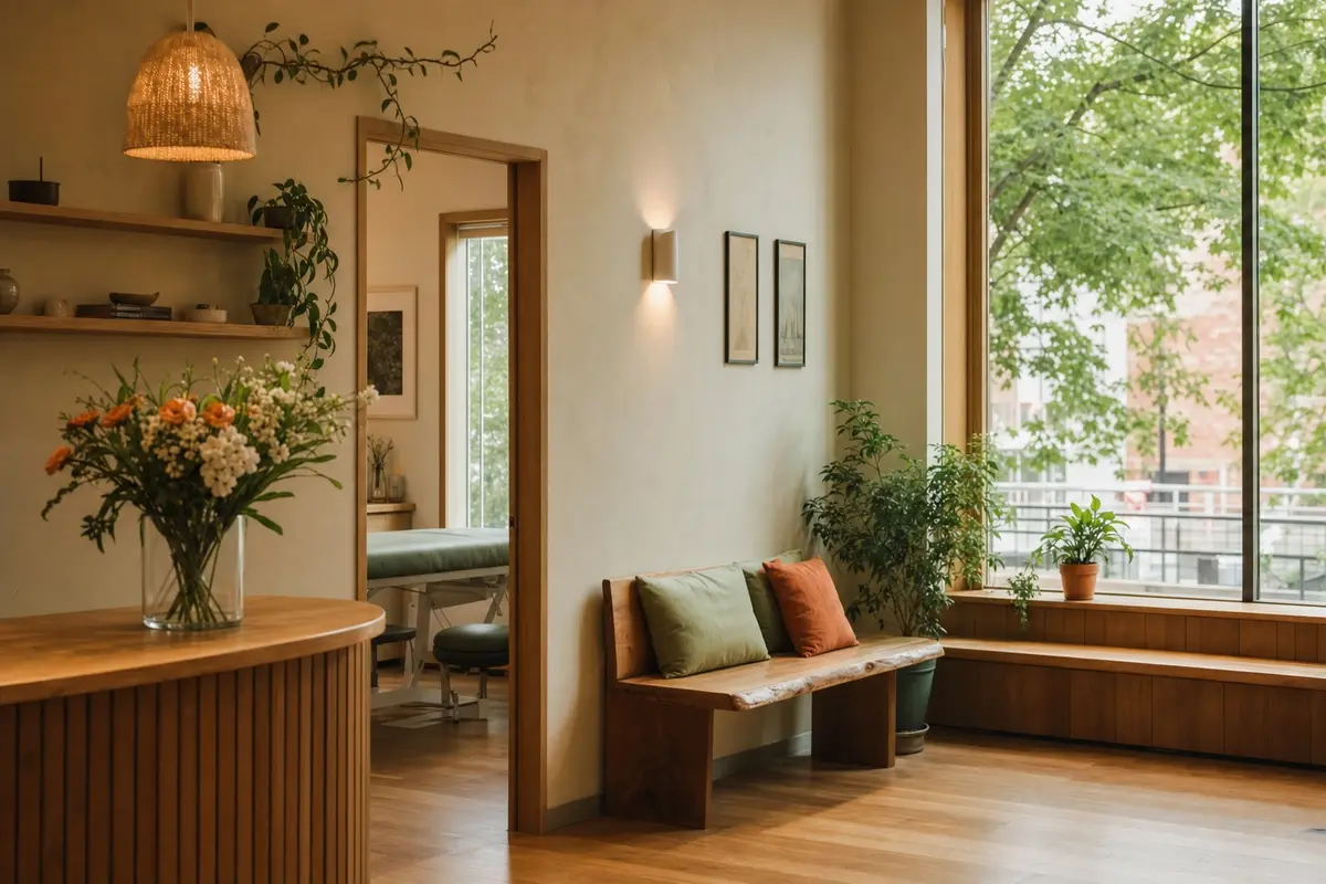 Salle d'attente chaleureuse avec banc en bois, plantes et grande fenêtre