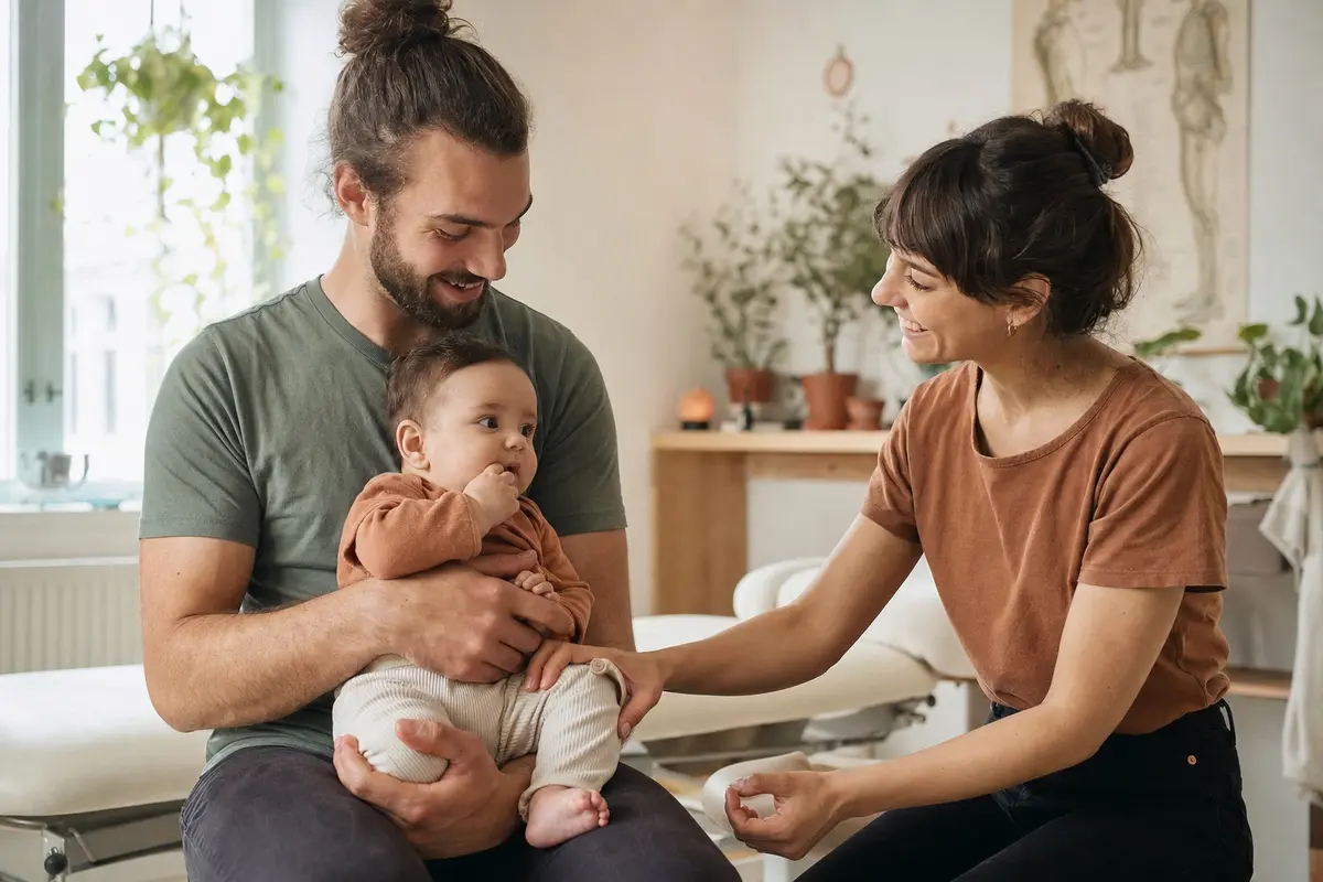 Un père tient son bébé pendant qu'une ostéopathe lui parle en souriant