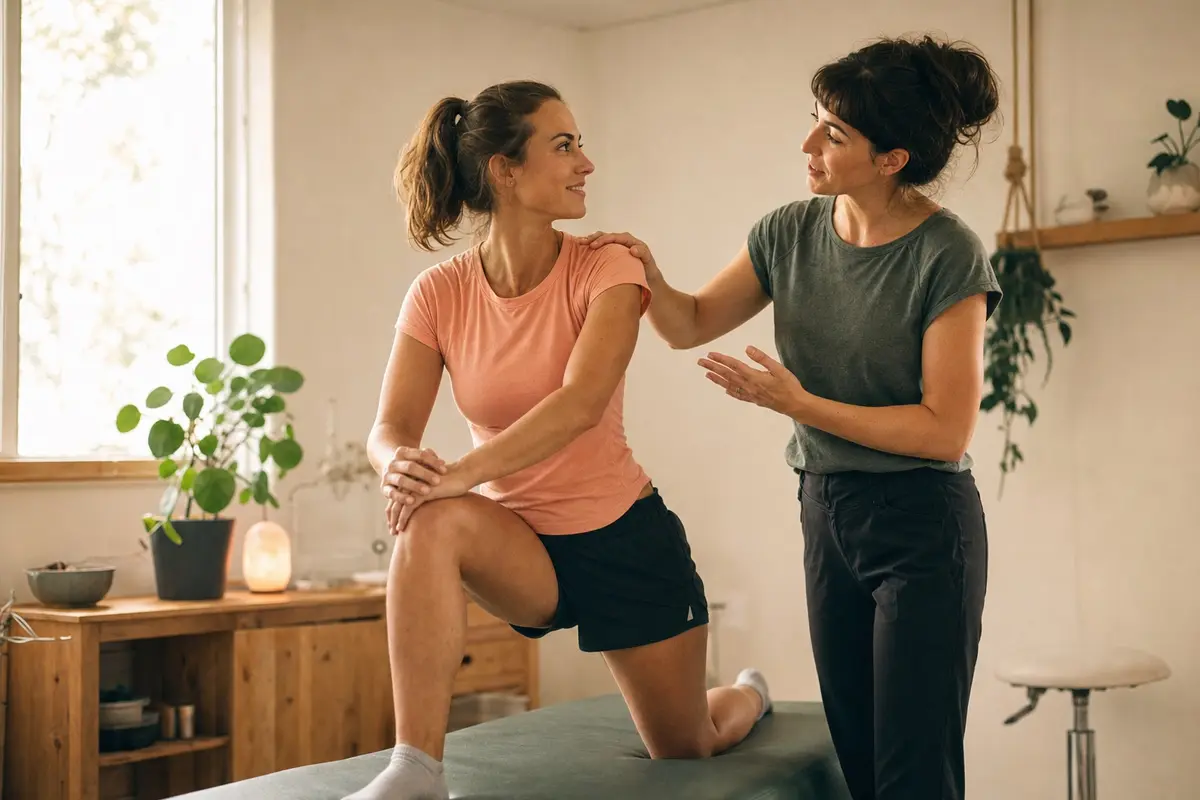 Une ostéopathe guide une patiente sportive dans un mouvement de l'épaule